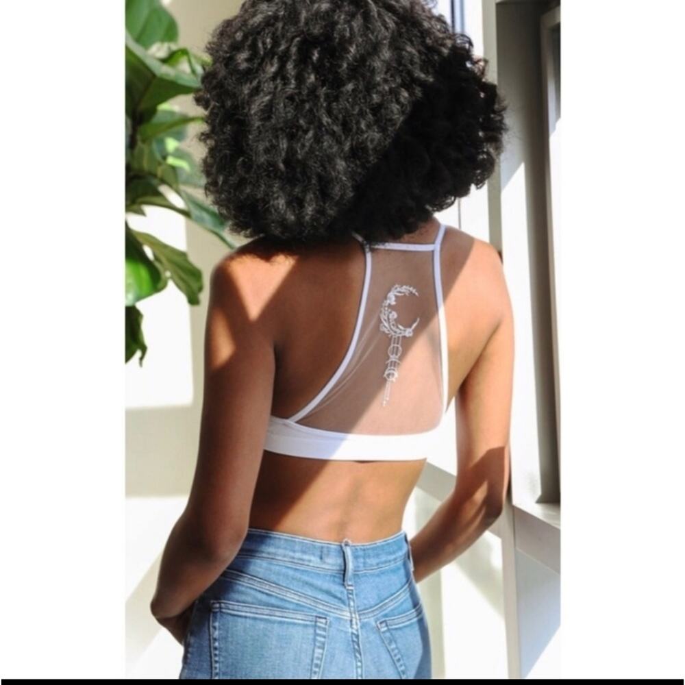 Dreamcatcher crescent moon embroidered illusion racerback bralette white XS/S